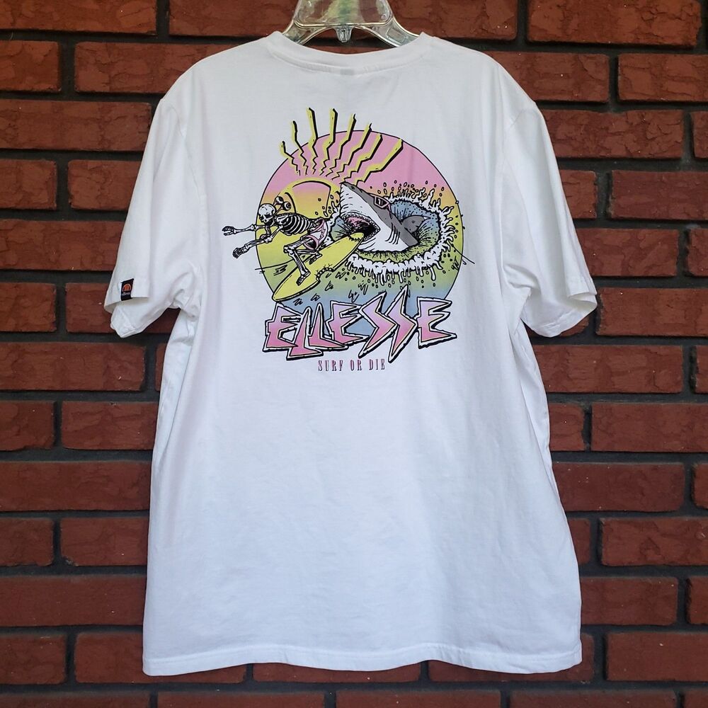 Ellesse T Shirt Size XL Surf or Die Graphic Print White Skeleton Shark Cotton